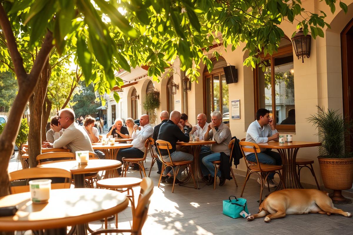 A sunlit café terrace in Peja with people talking over macchiatos and a dog resting nearby